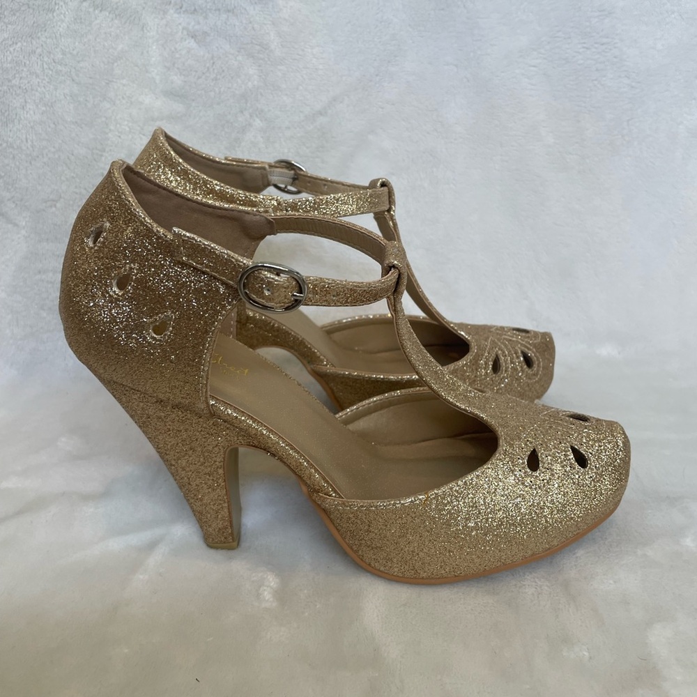 Gold Glitter T-Strap Heels - Picture 3 of 5